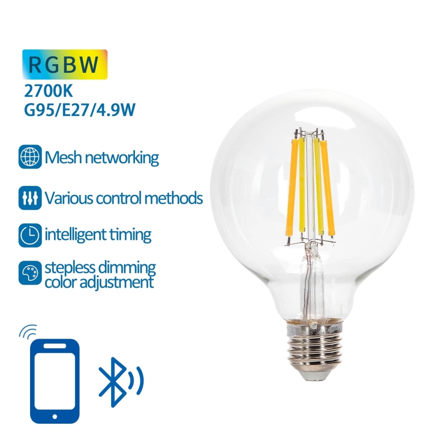 LED RGBW Spuldze FILAMENT G95 E27/4,9W/230V 2700K - Aigostar