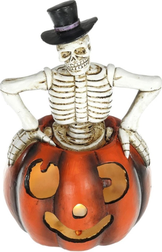 LED Rotājums HALLOWEEN LED/2xLR44/silti balta skelets ķirbī sveķi