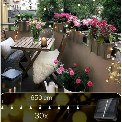 LED saules dekoratīvā virtene, 30 LED, 8 režīmi, 500 mAh, 6,5 m, IP67, siltā balta