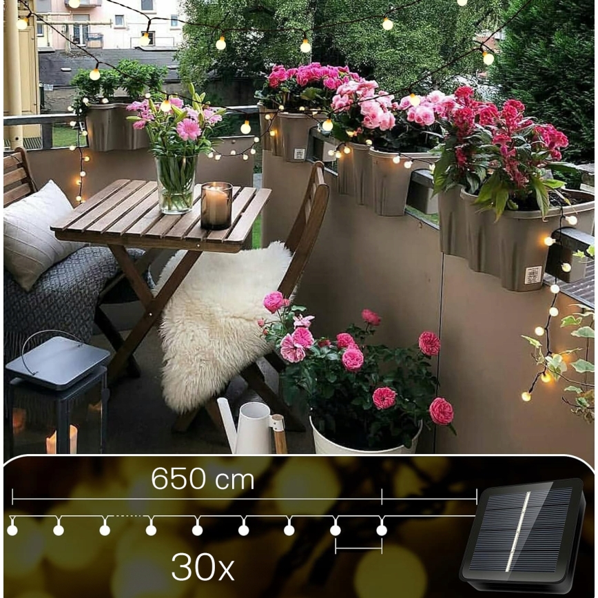 LED saules dekoratīvā virtene, 30 LED, 8 režīmi, 500 mAh, 6,5 m, IP67, siltā balta
