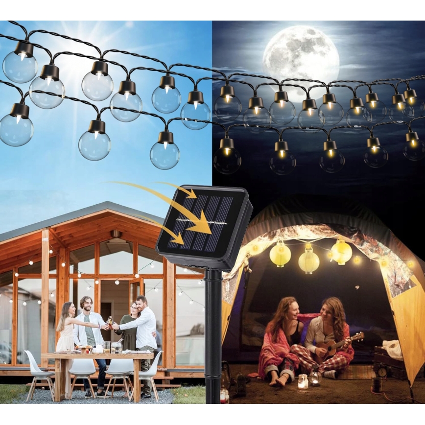 LED saules dekoratīvā virtene 30xLED/8 režīmi 500 mAh 10,6 m IP67 siltā balta
