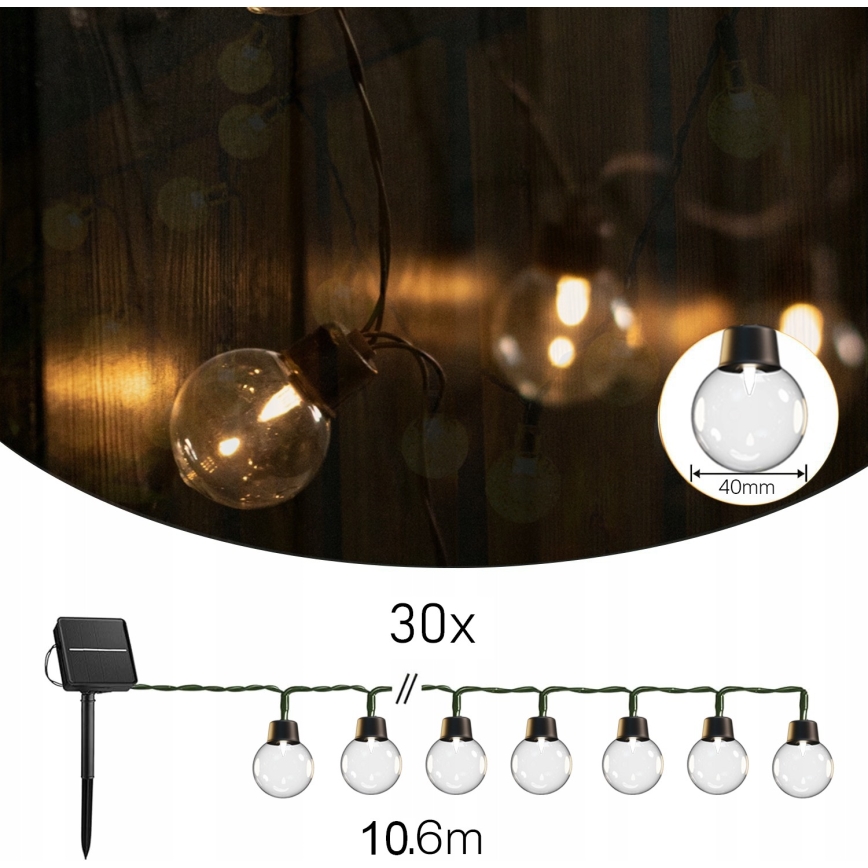 LED saules dekoratīvā virtene 30xLED/8 režīmi 500 mAh 10,6 m IP67 siltā balta