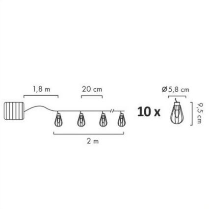 LED Saules enerģijas āra virtene 10xLED/1,2V 300 mAh 3,8 m IP44