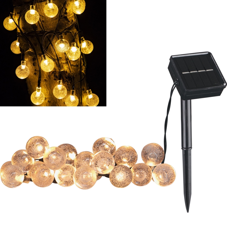 LED Saules enerģijas dekoratīva virtene BUBBLE GLASS 20xLED/8 funkcijas 4,85 m 600 mAh IP44 silti balta