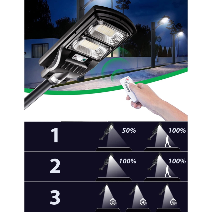 LED Aptumšojama saules enerģijas ielu lampa ar sensoru LED/120W/6V 6500K IP65 melna + tālvadības pults