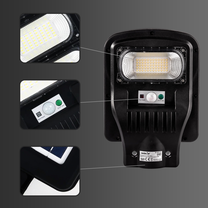 LED Aptumšojama saules enerģijas ielu lampa ar sensoru LED/150W/6V 6500K IP65 melna + tālvadības pults