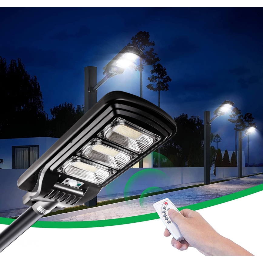 LED Aptumšojama saules enerģijas ielu lampa ar sensoru LED/180W/6V 11000 mAh 6500K IP65 melna + tālvadības pults