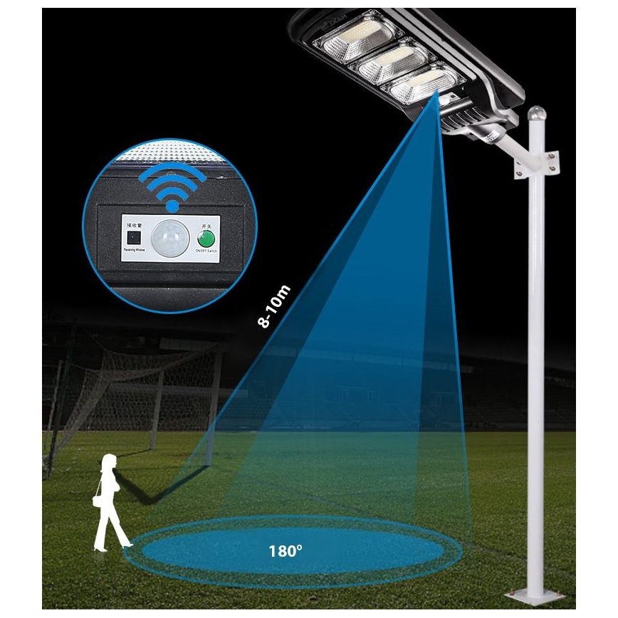 LED Aptumšojama saules enerģijas ielu lampa ar sensoru LED/180W/6V 11000 mAh 6500K IP65 melna + tālvadības pults