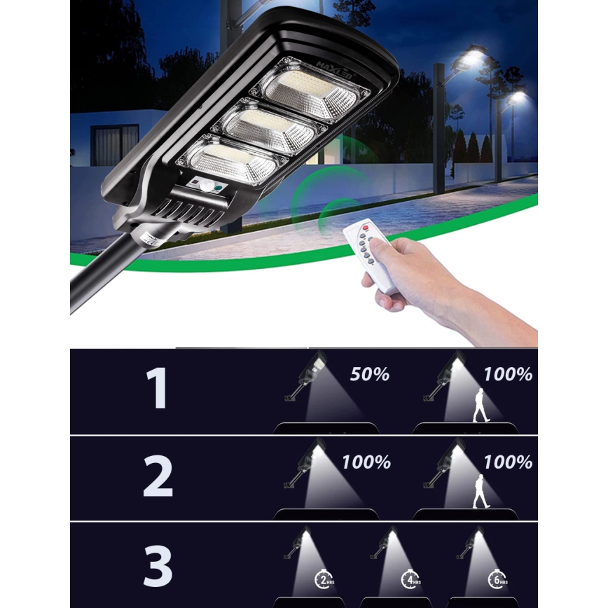 LED Aptumšojama saules enerģijas ielu lampa ar sensoru LED/180W/6V 11000 mAh 6500K IP65 melna + tālvadības pults