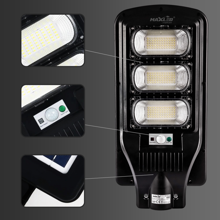 LED Aptumšojama saules enerģijas ielu lampa ar sensoru LED/180W/6V 11000 mAh 6500K IP65 melna + tālvadības pults