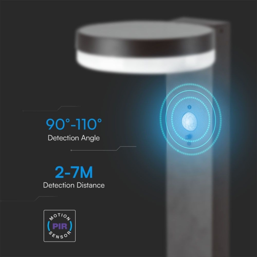 LED Saules enerģijas lampa ar sensoru LED/2W/3,7V IP54 3000K apaļa melna