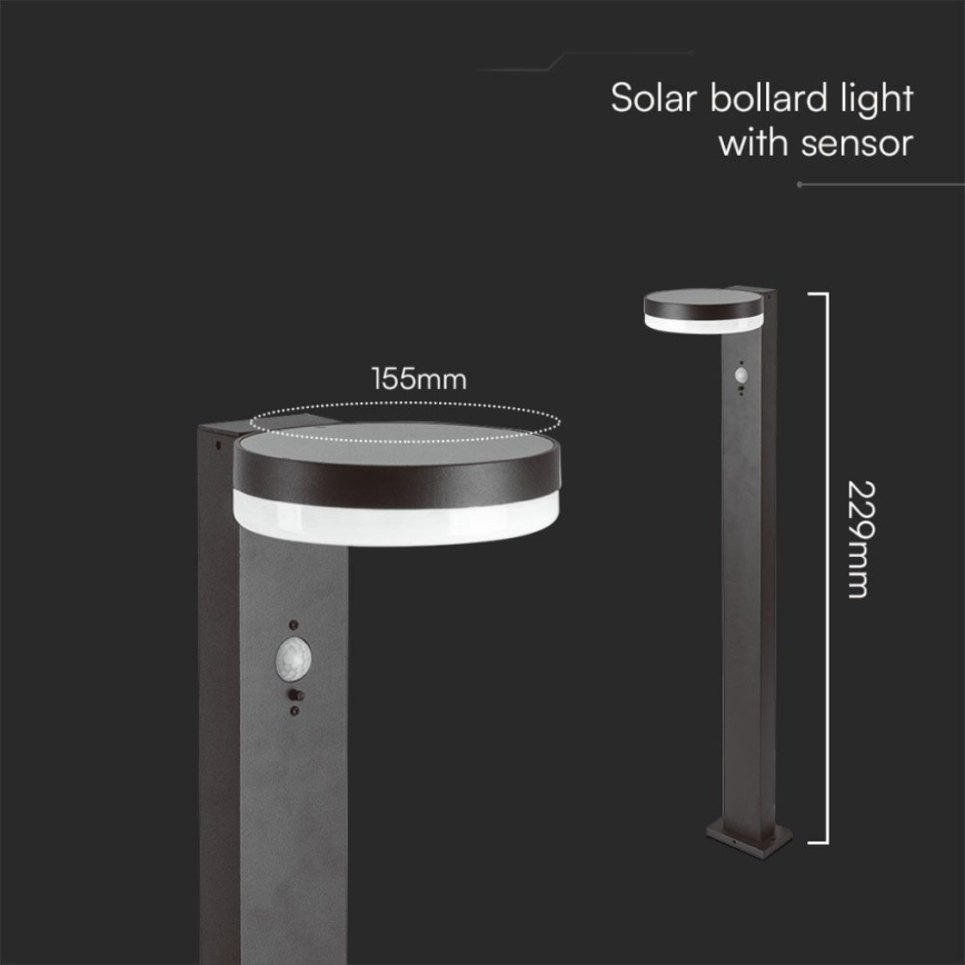 LED Saules enerģijas lampa ar sensoru LED/2W/3,7V IP54 3000K apaļa melna