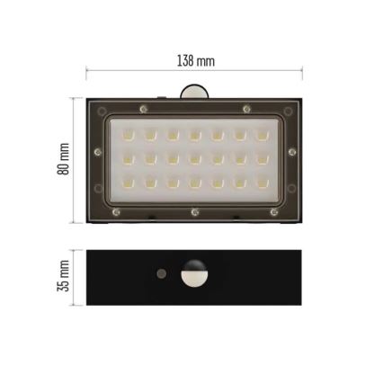 LED Saules enerģijas prožektors ar kustību sensoru LED/3,7V 1200mAh 4000K IP65 melna