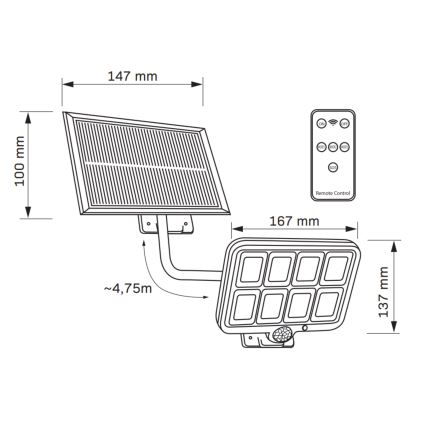 LED Saules enerģijas prožektors ar sensoru INTEGRA LED/3W/3,7V 1200 mAh IP44 + tālvadības pults