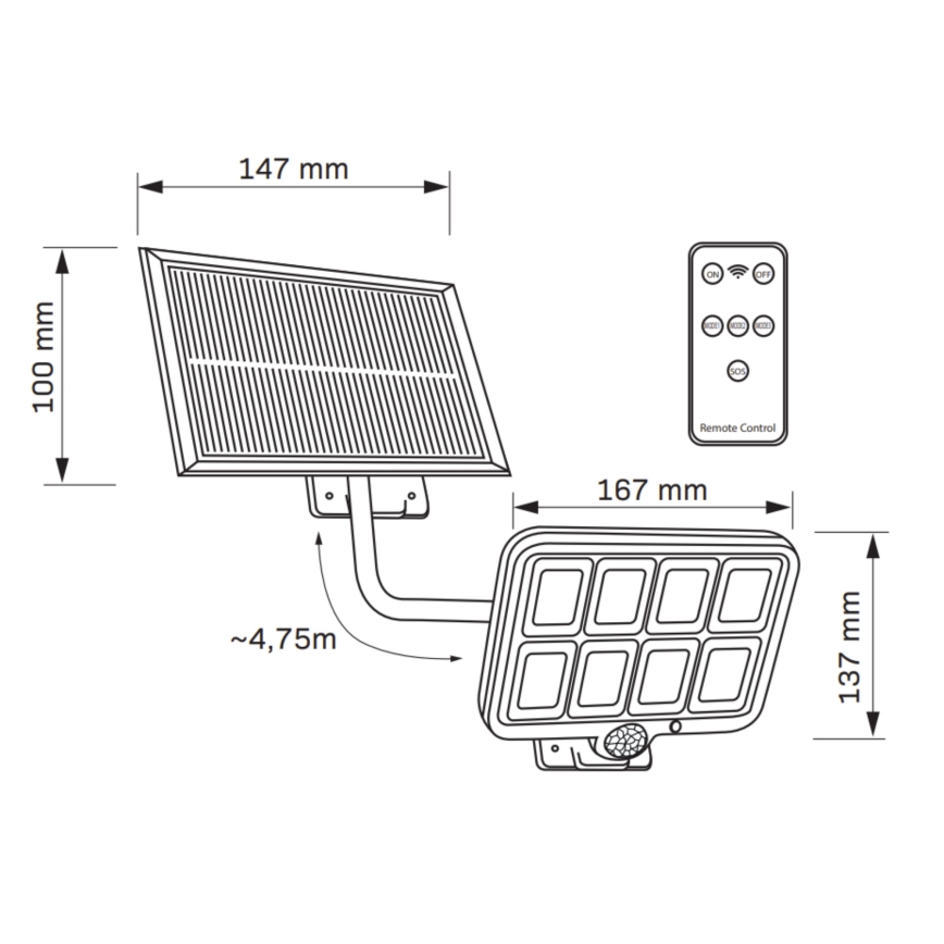 LED Saules enerģijas prožektors ar sensoru INTEGRA LED/3W/3,7V 1200 mAh IP44 + tālvadības pults