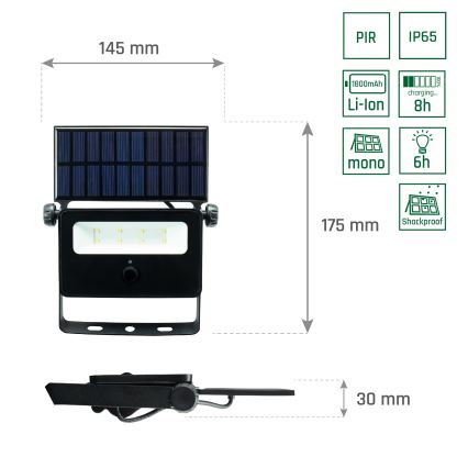 LED Saules enerģijas prožektors ar sensoru NOCTIS LED/2W/1800 mAh 3,7V 6000K IP65