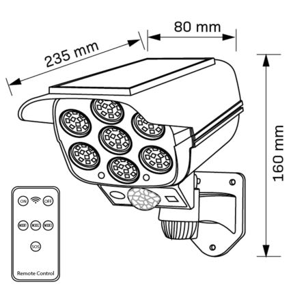 LED Saules enerģijas butaforas drošības kamera ar sensoru KAMERA LED/1W/3,7V 1200 mAh IP44 + tālvadības pults