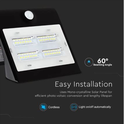 LED Saules enerģijas sienas lampa ar sensoru LED/3W/3,7V 3000/4000K IP65 melna
