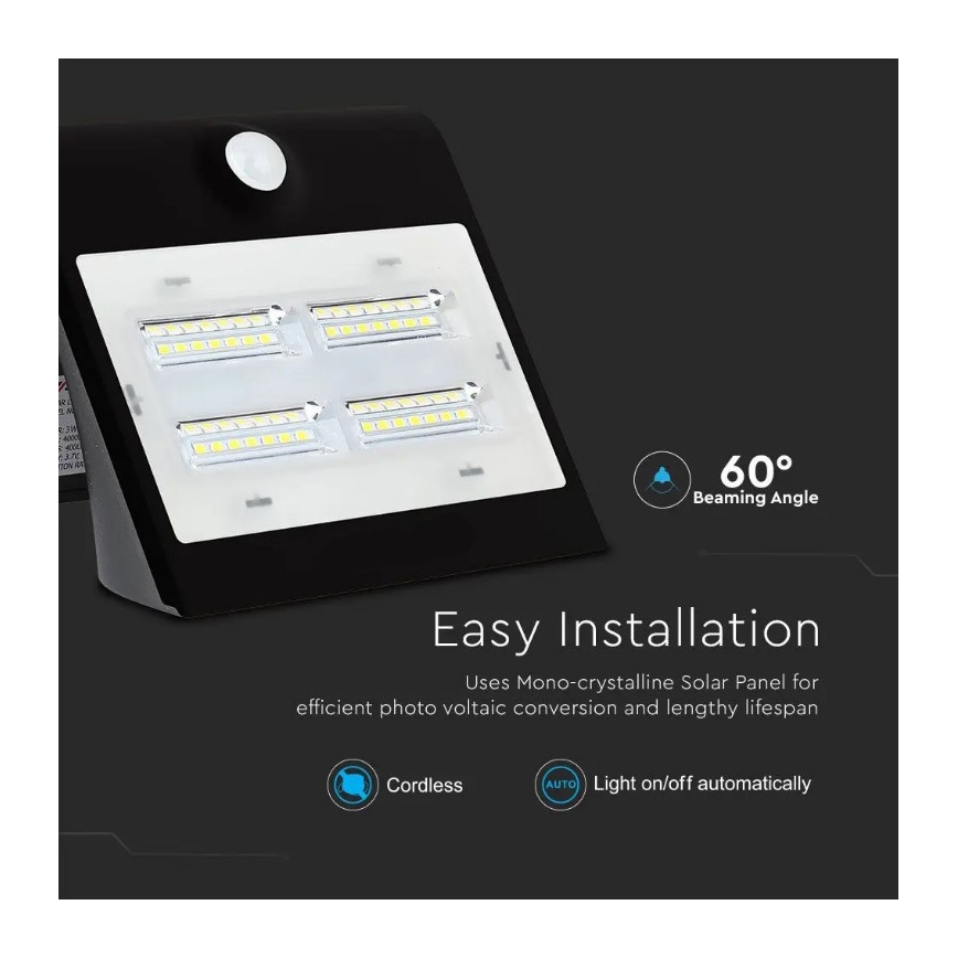 LED Saules enerģijas sienas lampa ar sensoru LED/3W/3,7V 3000/4000K IP65 melna