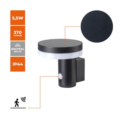 LED Saules enerģijas sienas lampa ar sensoru SOLARIS3 LED/5,5W/3,7V 4000K IP44 2600 mAh
