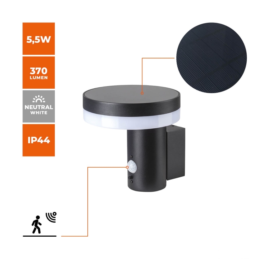 LED Saules enerģijas sienas lampa ar sensoru SOLARIS3 LED/5,5W/3,7V 4000K IP44 2600 mAh