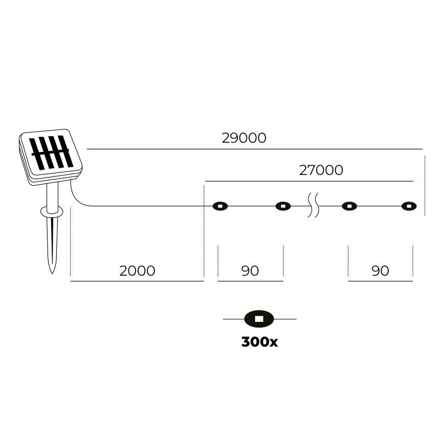 LED - Saules enerģijas virtene 300xLED/0,12W/1,2V 1xAA 27 m IP44 3000K