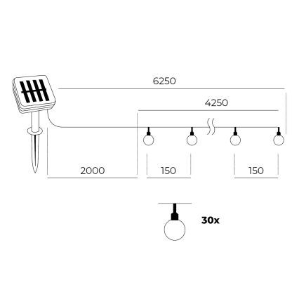 LED Saules enerģijas virtene 30xLED/0,12W/1,2V 1xAA 3000K IP44 400 mAh