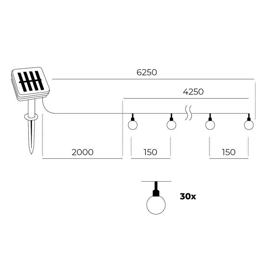 LED Saules enerģijas virtene 30xLED/0,12W/1,2V 1xAA 3000K IP44 400 mAh
