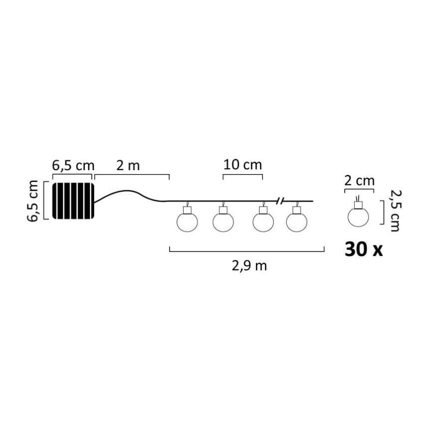 LED Saules enerģijas virtene 30xLED/8 funkcijas 300 mAh 4,9m IP44 silti balta