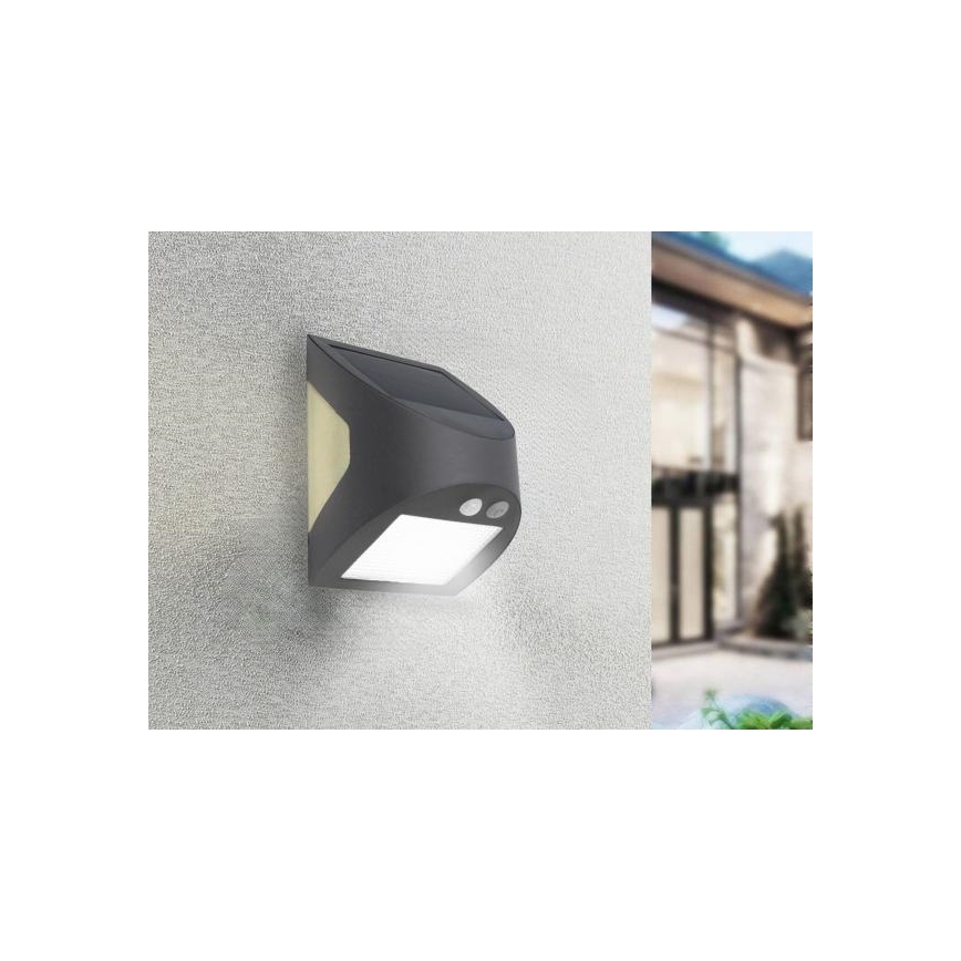 Saules LED sienas gaismeklis ar sensoru, 3 W, 3,7 V, 3000/4000 K, 1200 mAh, IP54, antracīts