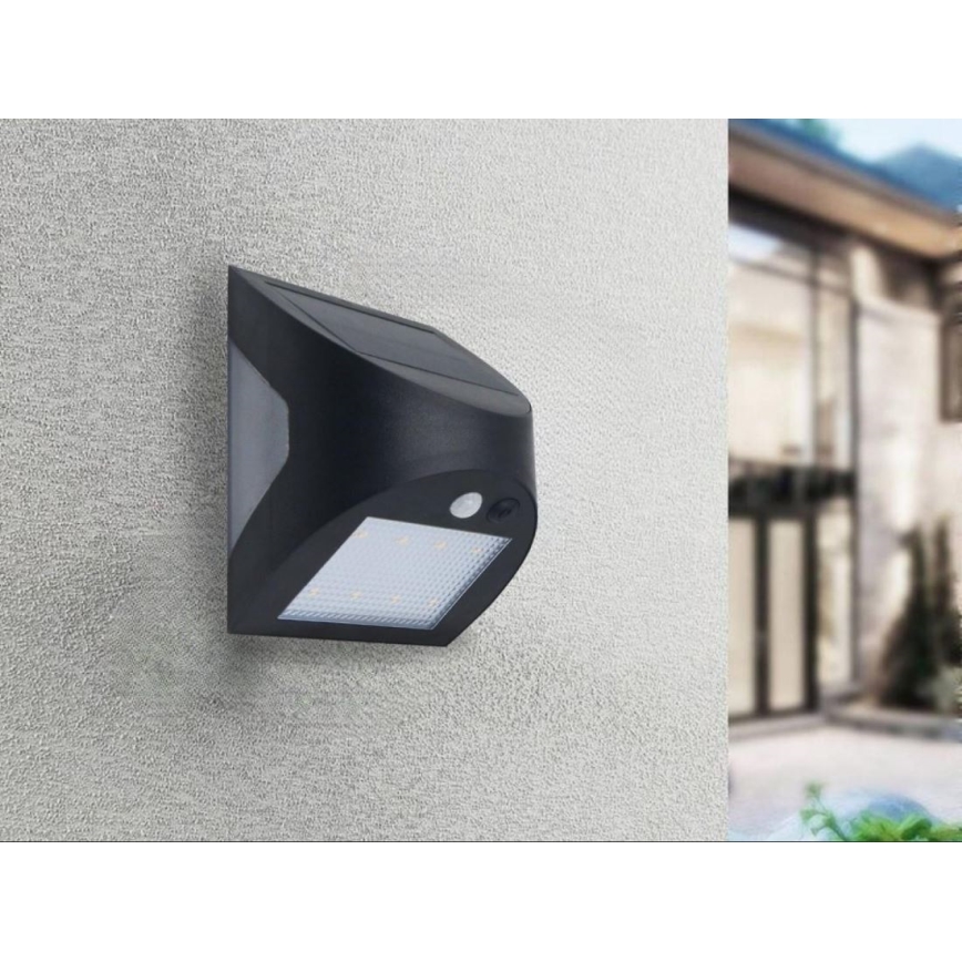 LED saules sienas gaismeklis ar sensoru LED/3W/3,7V 3000/4000K 1200 mAh IP54 melns