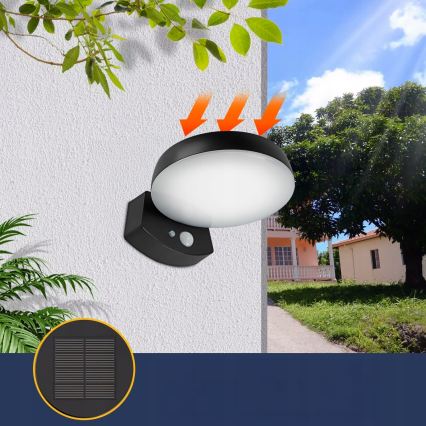 LED ar regulējamu spilgtumu saules sienas gaismeklis ar sensoru LED/3W/3,7V 1800 mAh IP54 melns