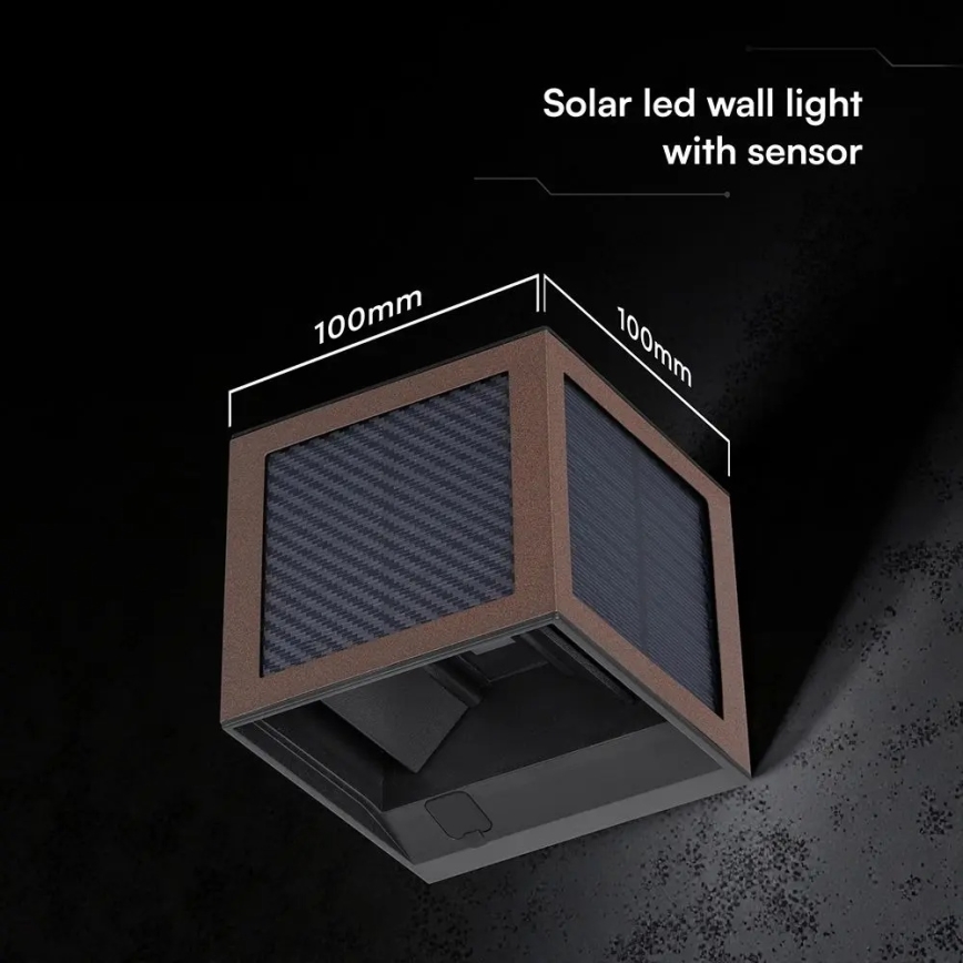 LED saules sienas gaismeklis ar sensoru LED/9W/3,7V 3000/4000/6000K IP65 2600 mAh brūns