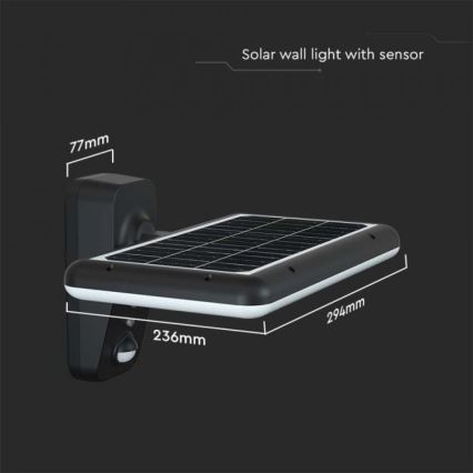LED saules sienas lampa ar sensoru LED/15W/3,2V 4000K/6000K IP65 6000 mAh melna