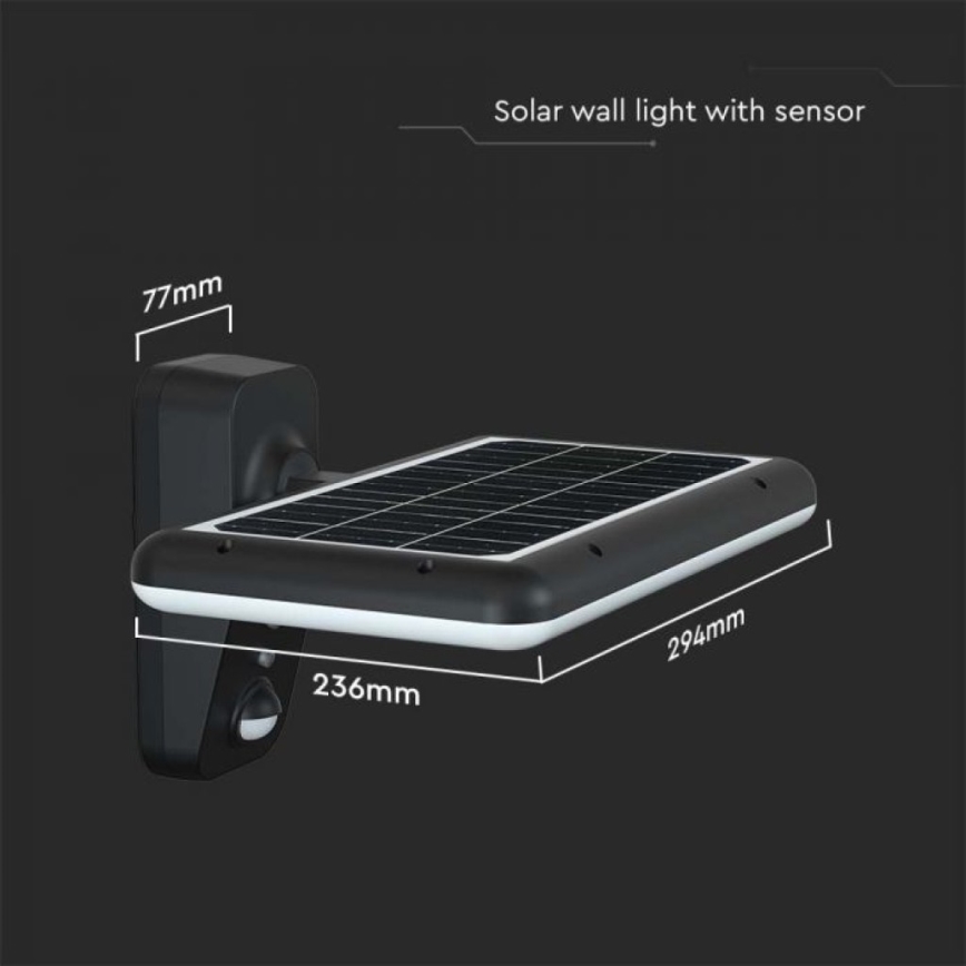 LED saules sienas lampa ar sensoru LED/15W/3,2V 4000K/6000K IP65 6000 mAh melna