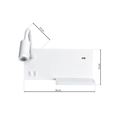 LED Sienas gaismeklis SHELF 1xLED/4W+1xLED/5W+1xLED/2W/230V + USB balts