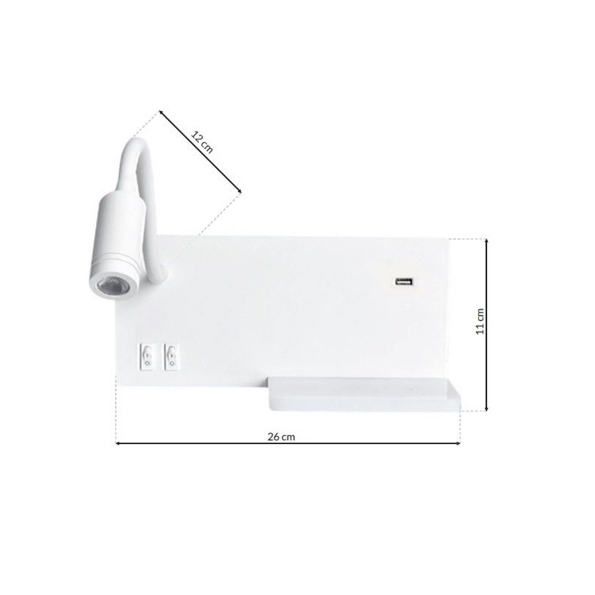 LED Sienas gaismeklis SHELF 1xLED/4W+1xLED/5W+1xLED/2W/230V + USB balts