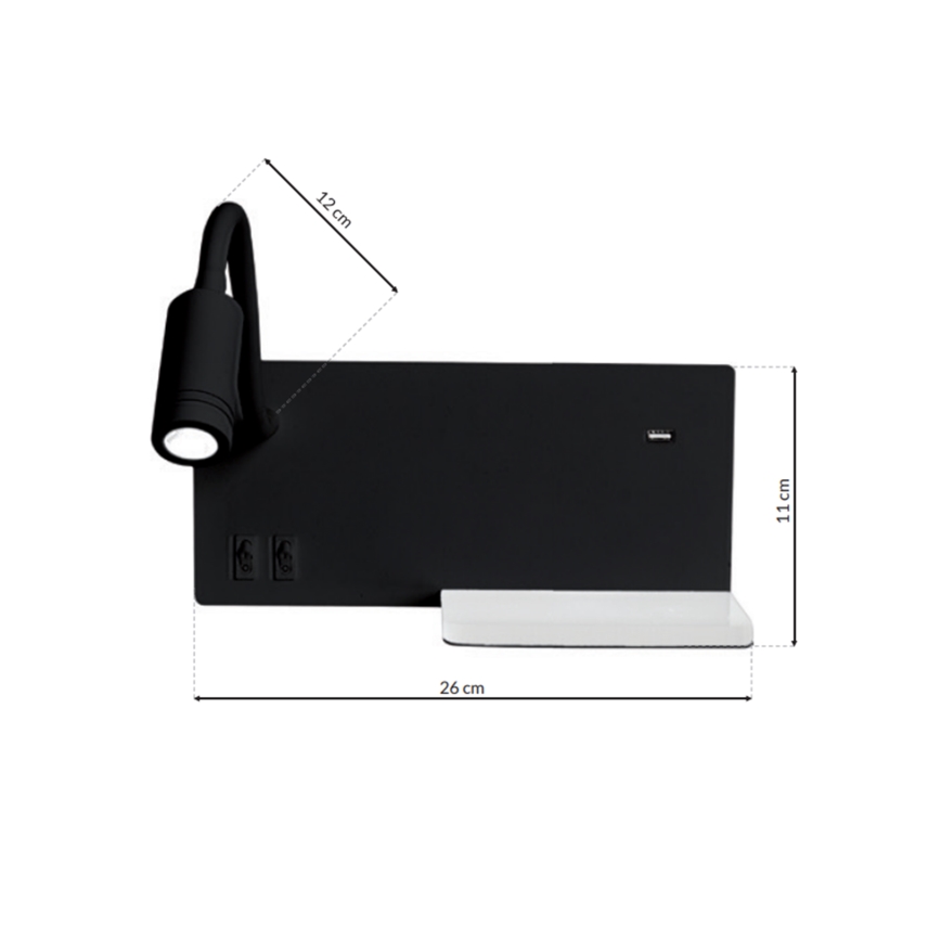 LED sienas gaismeklis SHELF LED/4W+LED/5W+LED/2W/230V melns