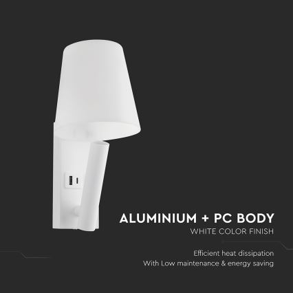 LED sienas lampa ar USB portu LED/2W/230V 3000K balta