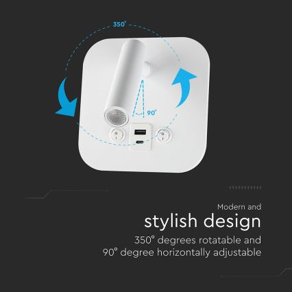 LED sienas punktveida gaismeklis ar USB portu LED/8W/230V 3000K balts