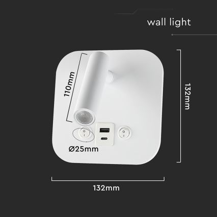 LED sienas punktveida gaismeklis ar USB portu LED/8W/230V 3000K balts