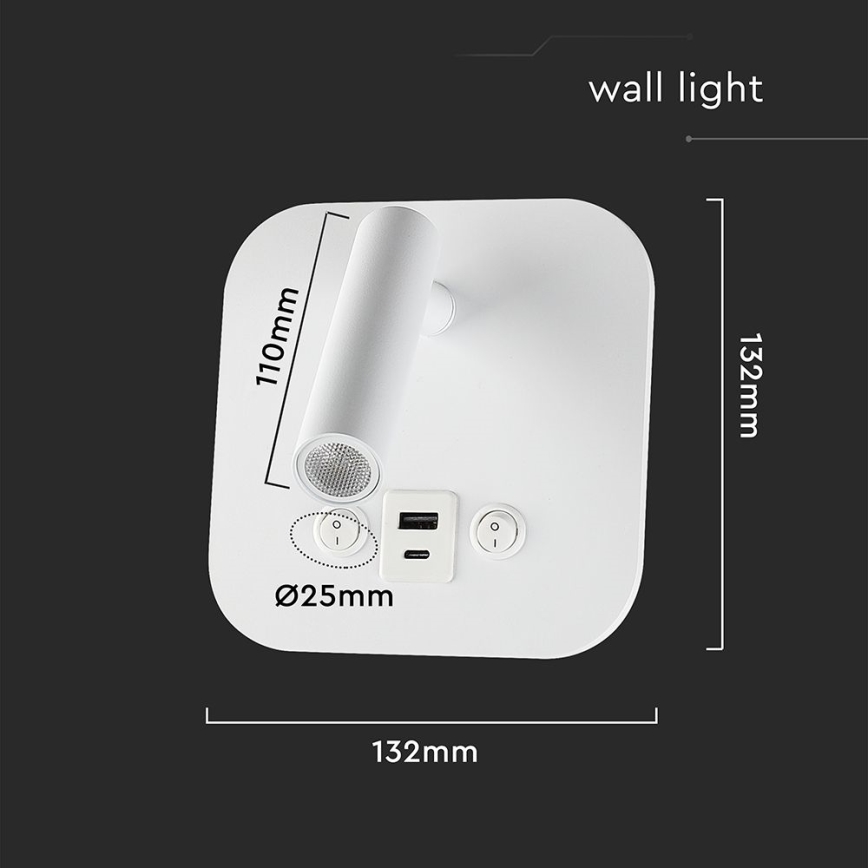 LED sienas punktveida gaismeklis ar USB portu LED/8W/230V 3000K balts