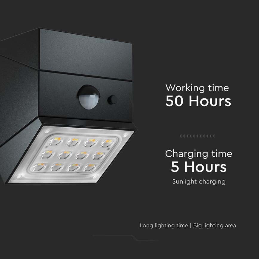 LED sienas saules gaismeklis ar sensoru LED/2,5W/3,7V 3000/4000/6000K IP65 1200 mAh melns
