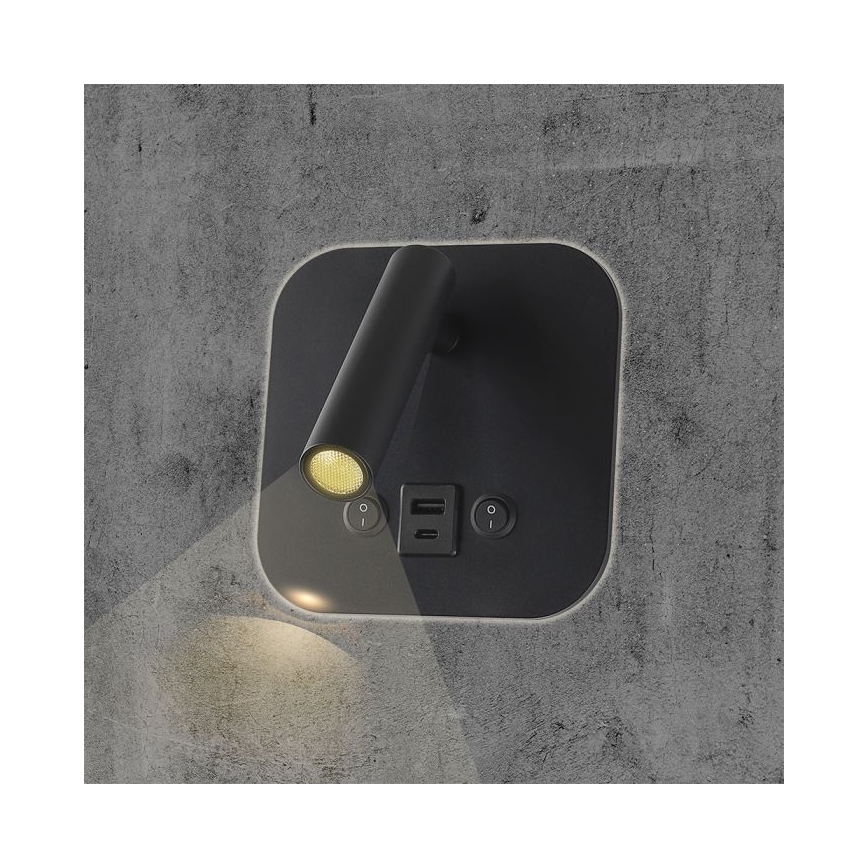 LED sienas spotgaismeklis ar USB portu LED/8W/230V 3000K melns