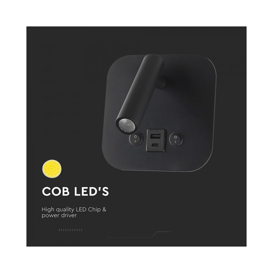 LED sienas spotgaismeklis ar USB portu LED/8W/230V 3000K melns