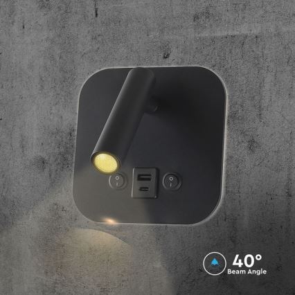 LED sienas spotgaismeklis ar USB portu LED/8W/230V 3000K melns