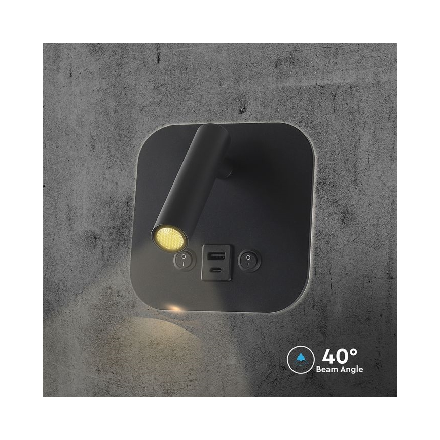 LED sienas spotgaismeklis ar USB portu LED/8W/230V 3000K melns