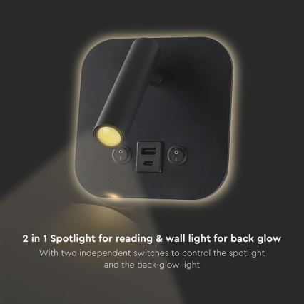 LED sienas spotgaismeklis ar USB portu LED/8W/230V 3000K melns