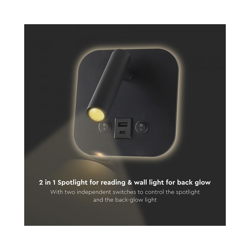 LED sienas spotgaismeklis ar USB portu LED/8W/230V 3000K melns