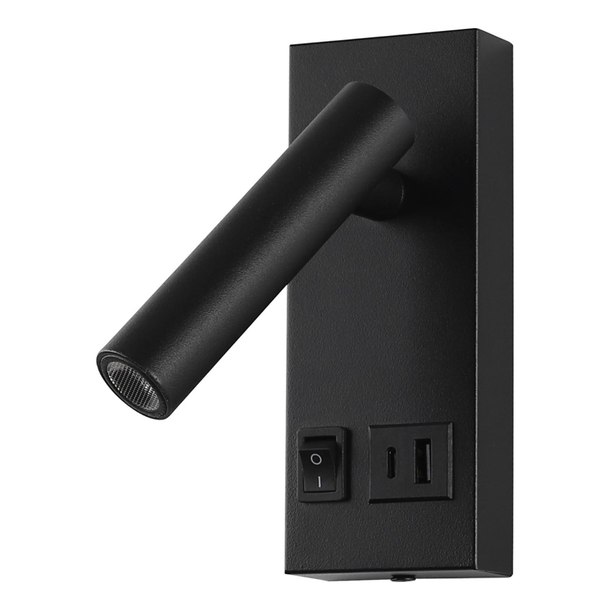 LED Sienas starmetis ar USB LED/2W/230V melna